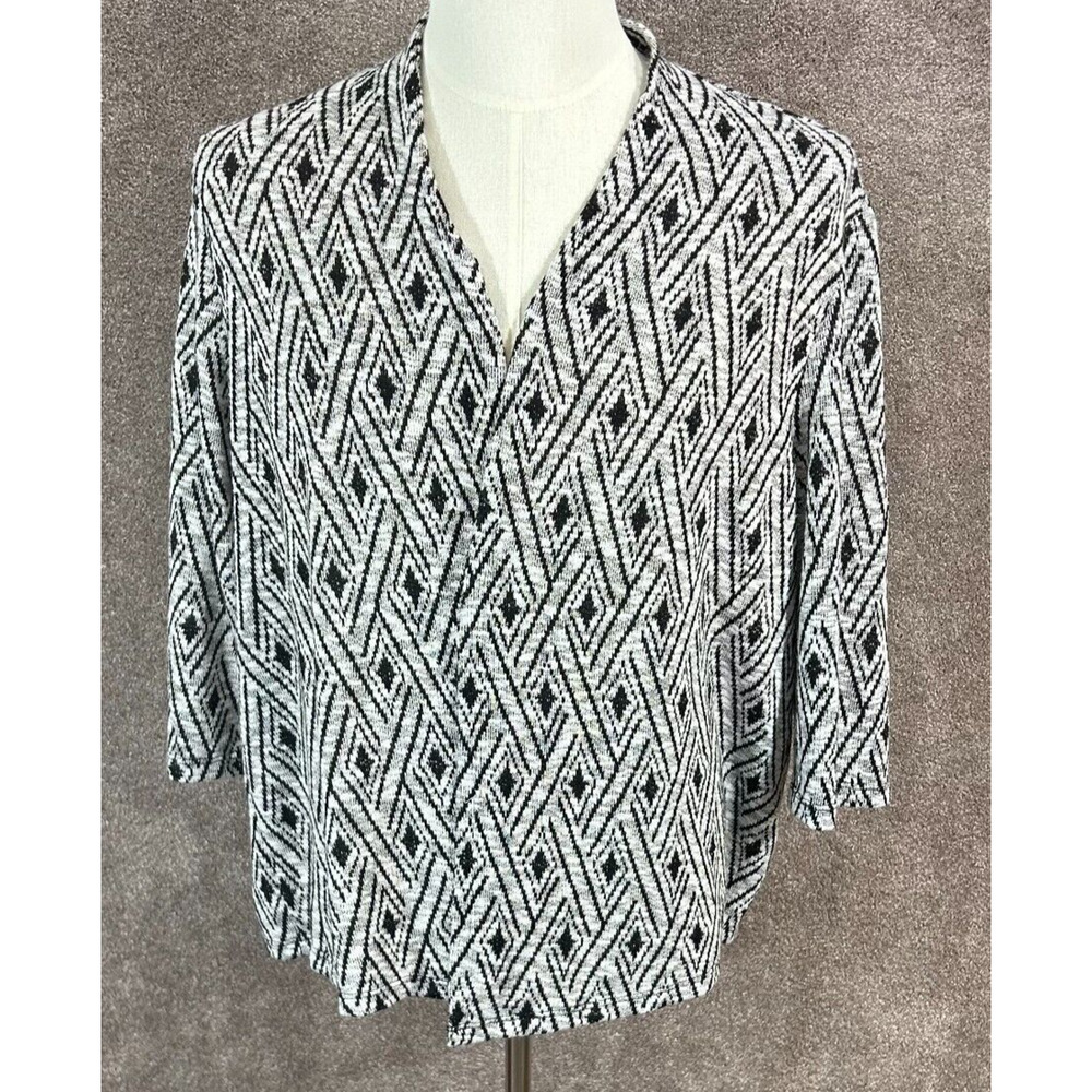 Alfred Dunner‎ Cardigan Womens XL Black White Diamond Print Open Front Sweater